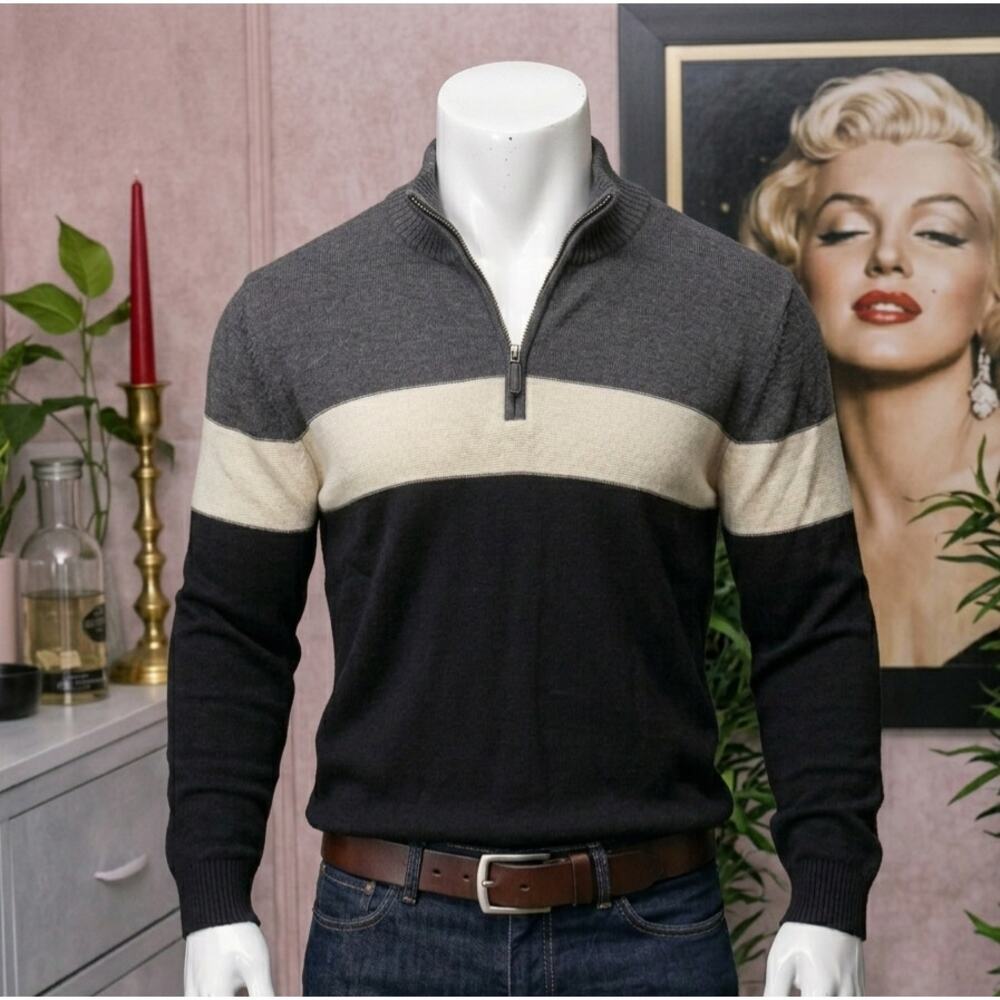 Sun River Colorblock Half Zip Sweater Men Large Gray Beige Black Knit Pullover